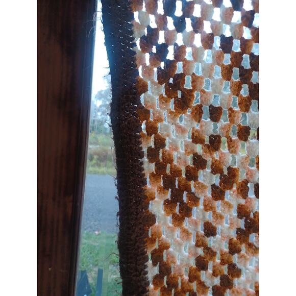 Handmade Crocheted Popcorn Stitch Brown White & Tan Blanket Unique Warm Beauty - Picture 4 of 9